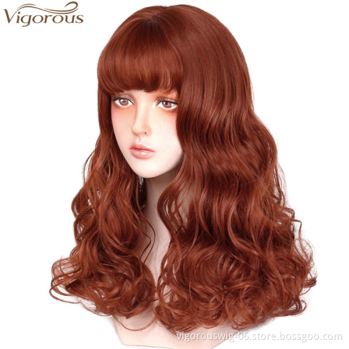 Vigorous Women Girls Ladies Long Curly Charming Synthetic Wigs with Neat Bangs Big Wave Heat Resistant Wig Hairnet Included